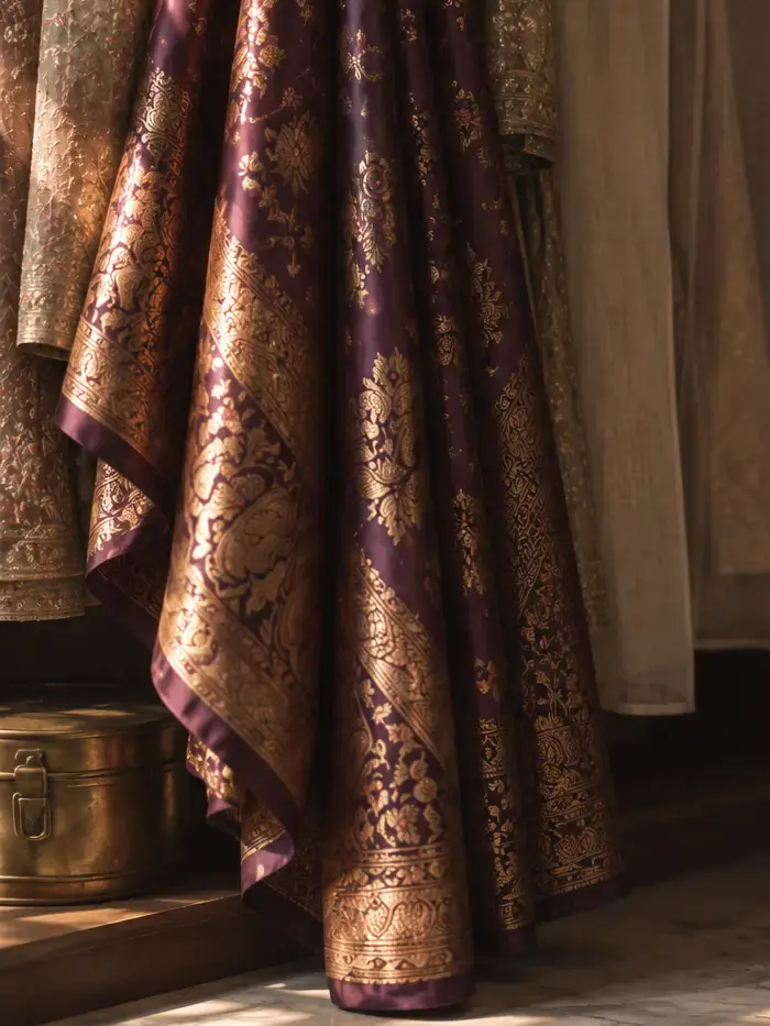 The hem of an aubergine Banarasi silk saree, gold zari border catching the afternoon light, a brass trunk beside it.
